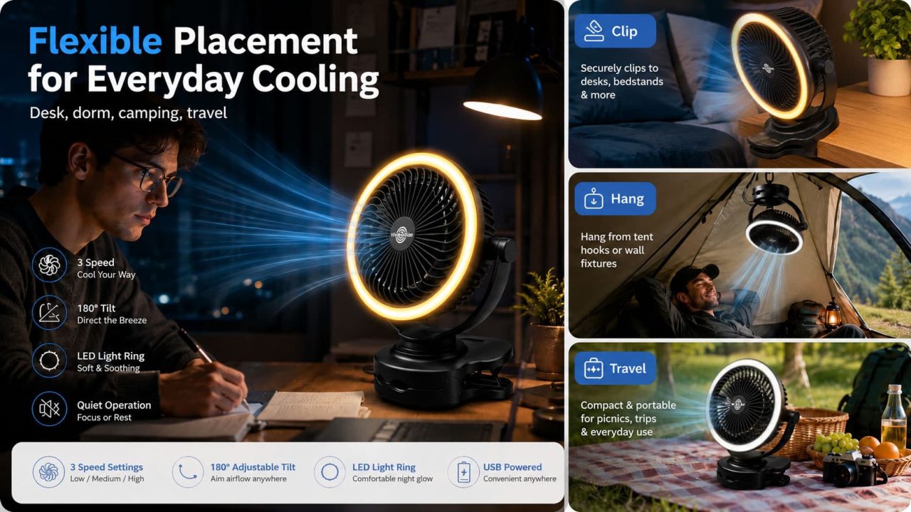 Flexible Placement for Clip-on Desk Fan & Clip-on Tent Fan