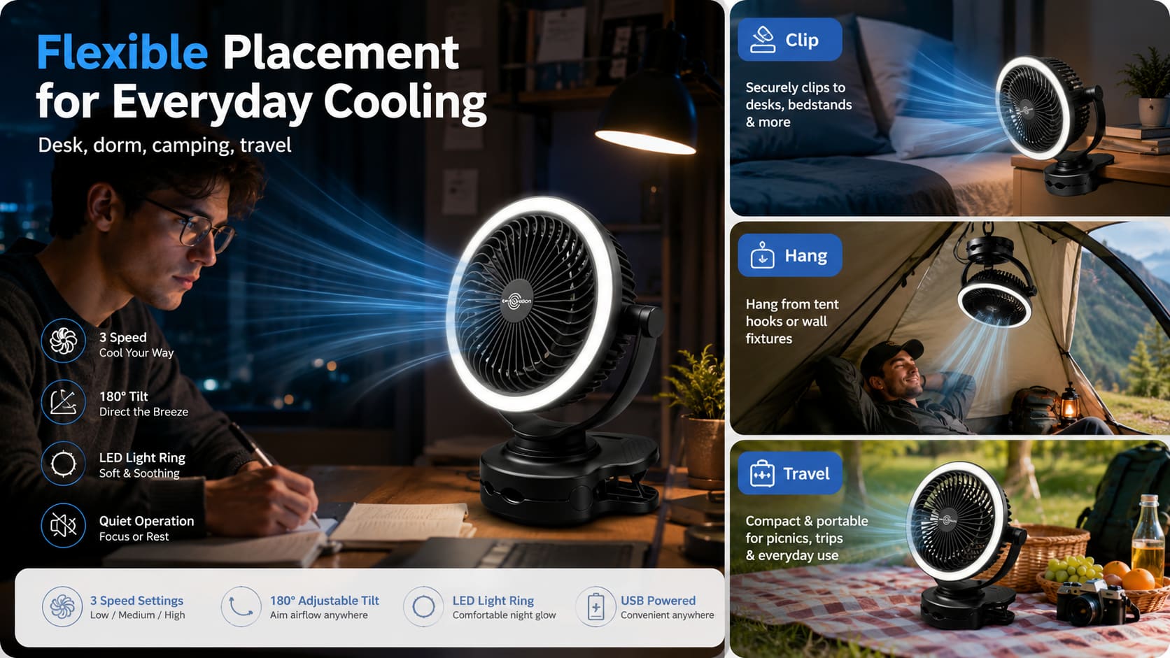 Flexible Placement for Clip-on Desk Fan & Clip-on Tent Fan