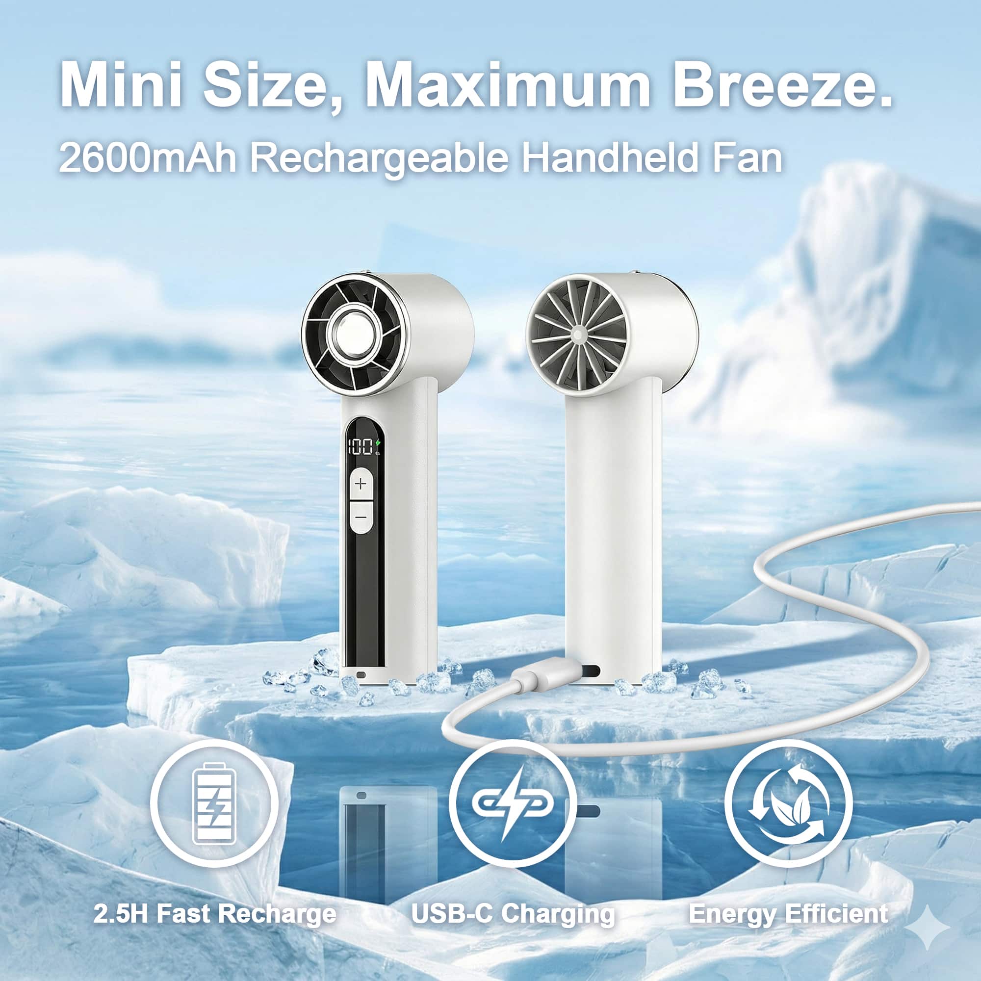 Handheld Fan Portable Rechargeable 5 Speed Quiet Cooling Fan with LED Display (1)