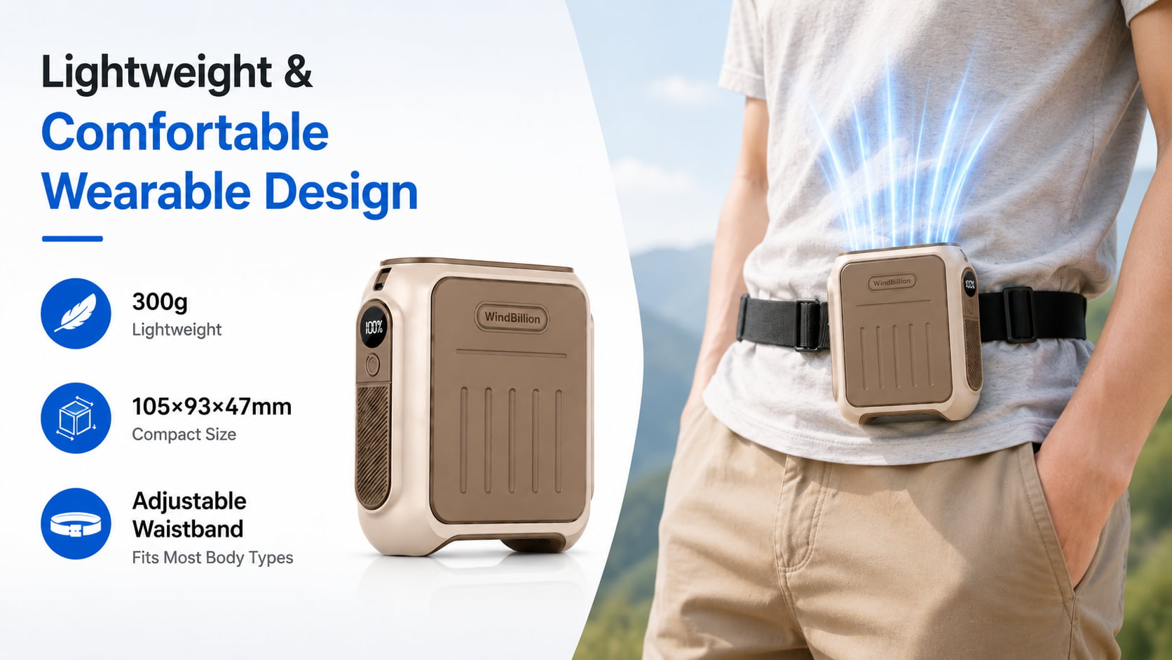 WindBillion Portable Waist Fan Infographic, Lightweight 300g Comfortable Adjustable Waistband Wearable Design