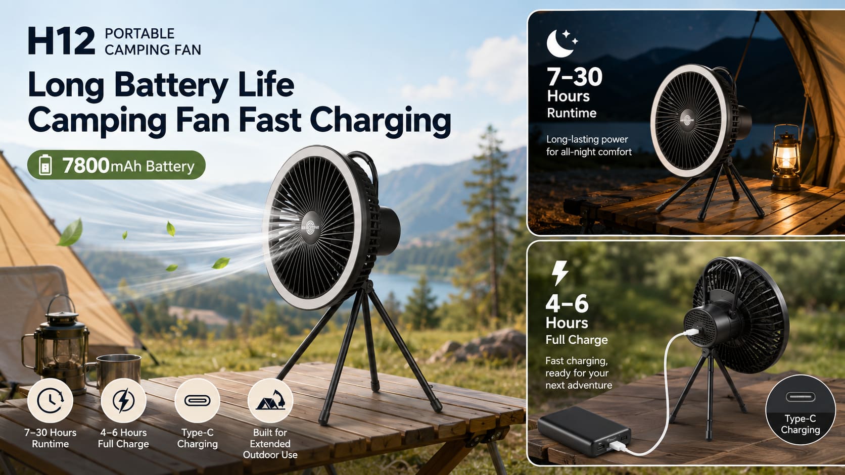 Long Battery Life Camping Fan Fast Charging