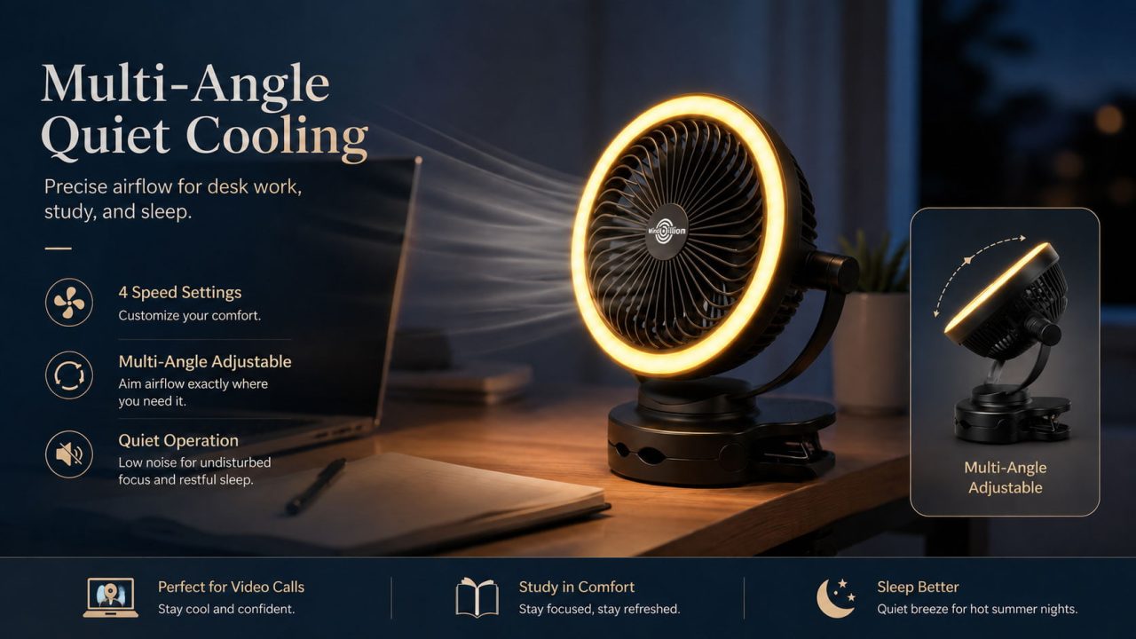 Multi-Angle Quiet Cooling for Desk Adjustable Speed Clip Fan