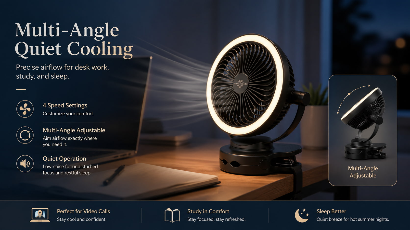 Multi-Angle Quiet Cooling for Desk Adjustable Speed Clip Fan