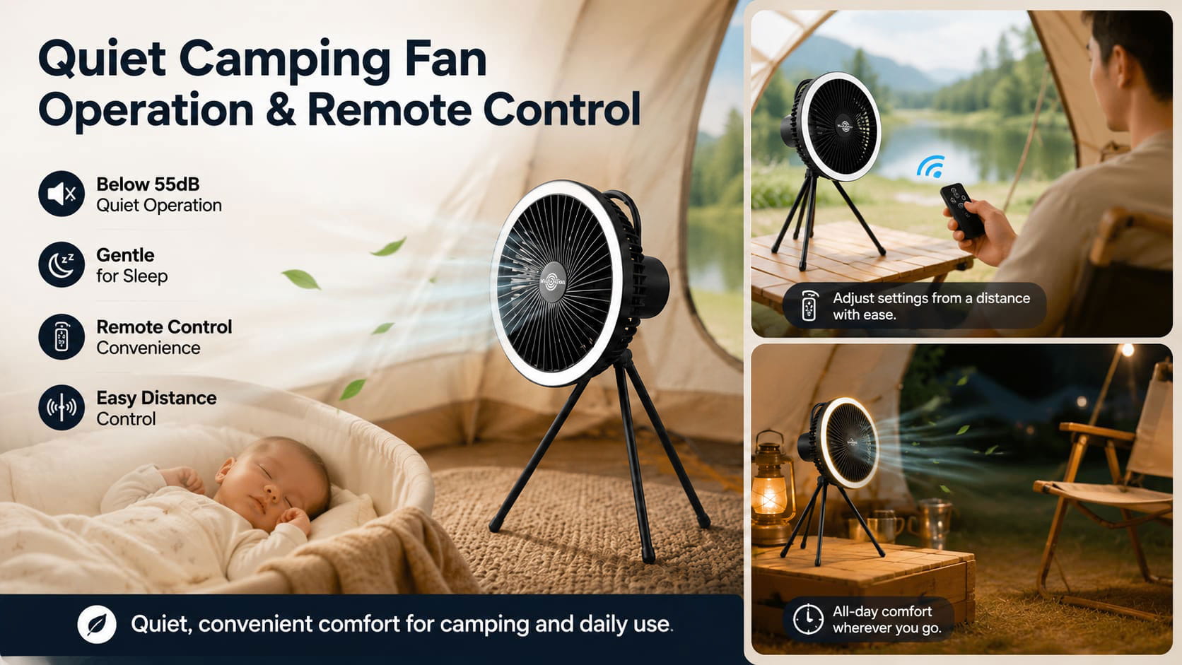 Quiet Camping Fan Operation & Remote Control