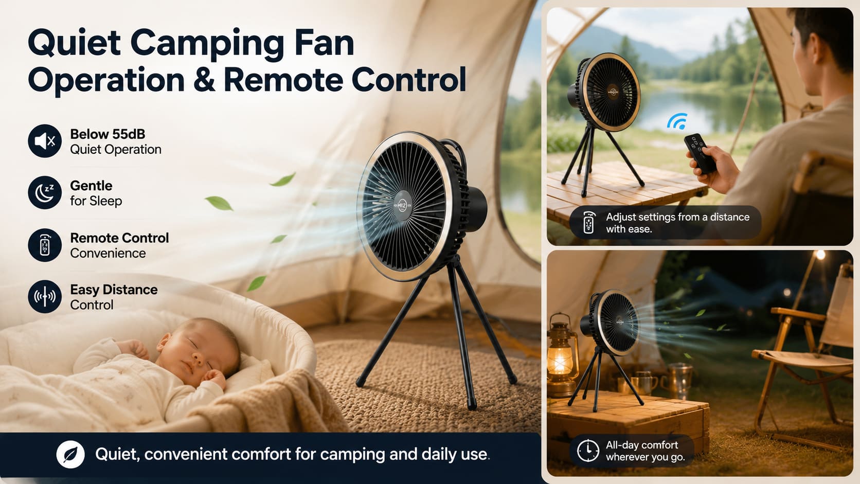 Quiet Camping Fan Operation & Remote Control