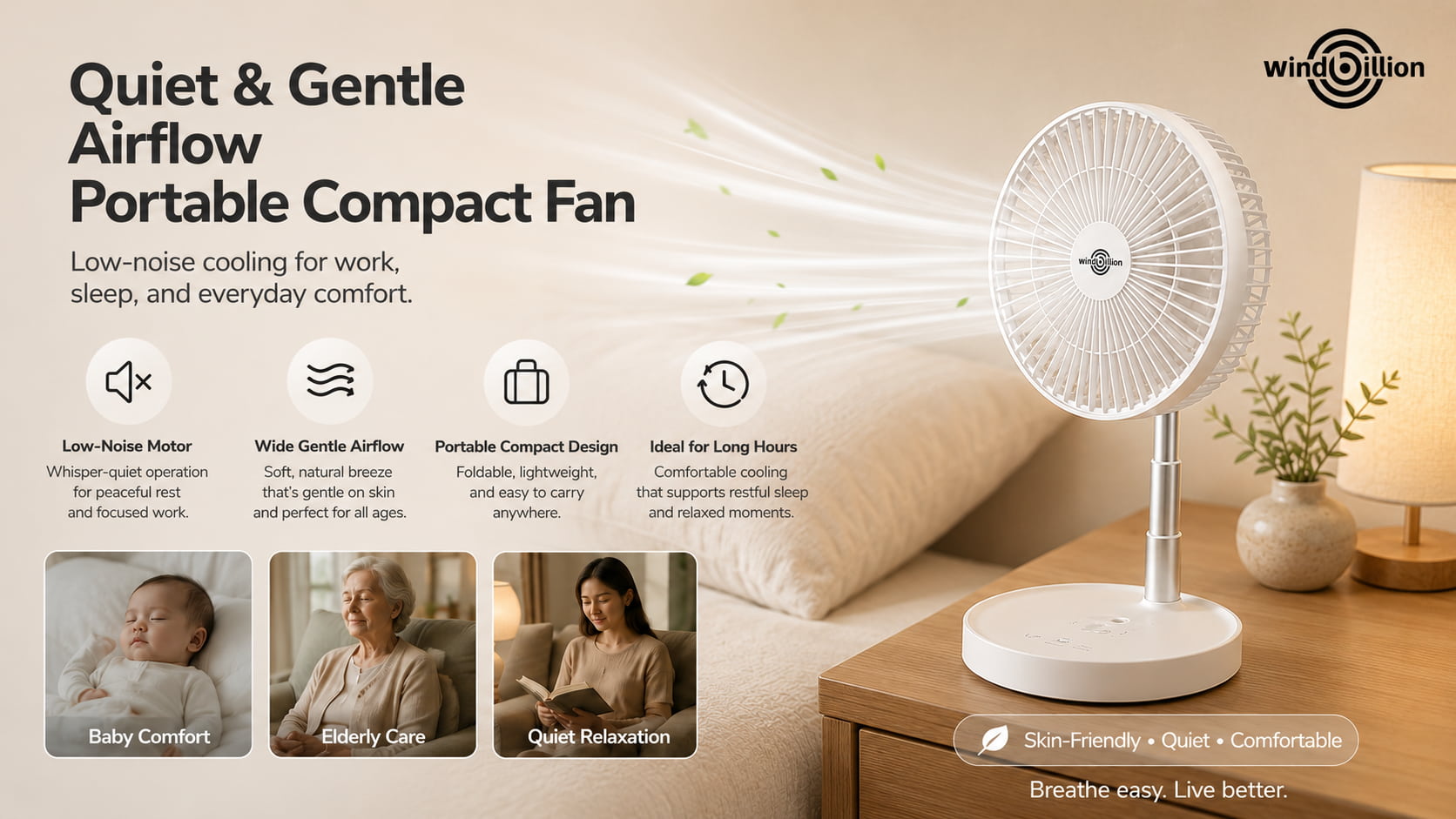 Quiet & Gentle Airflow Portable Compact Fan