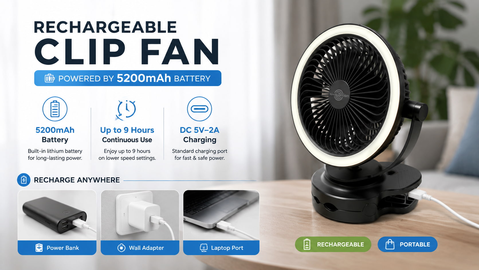 Rechargeable Battery Powered Clip Fan & USB Clip Fan