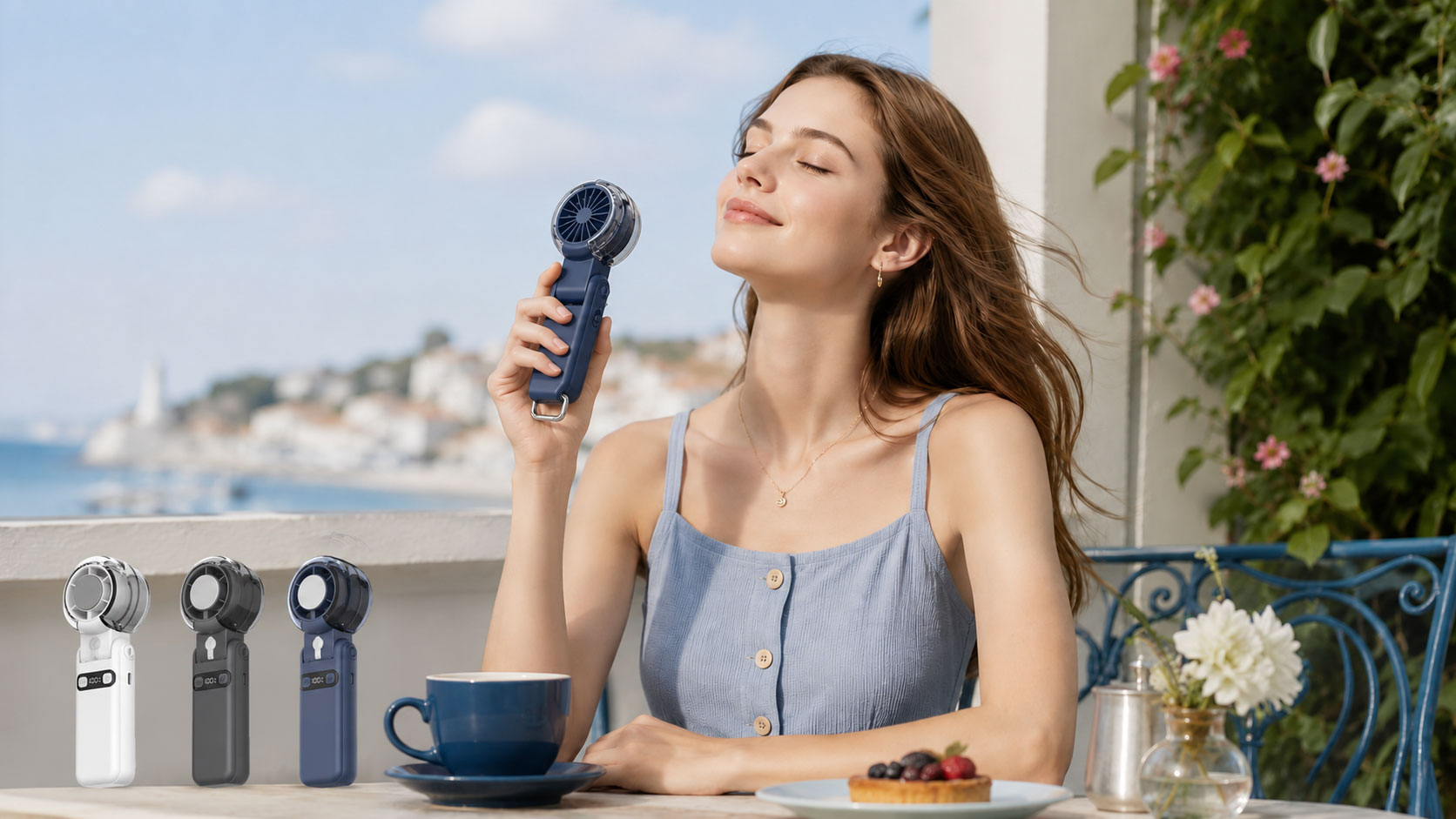 3-in-1 neck-wearable cooling mist fan with cooling plate and mist spray in three colors