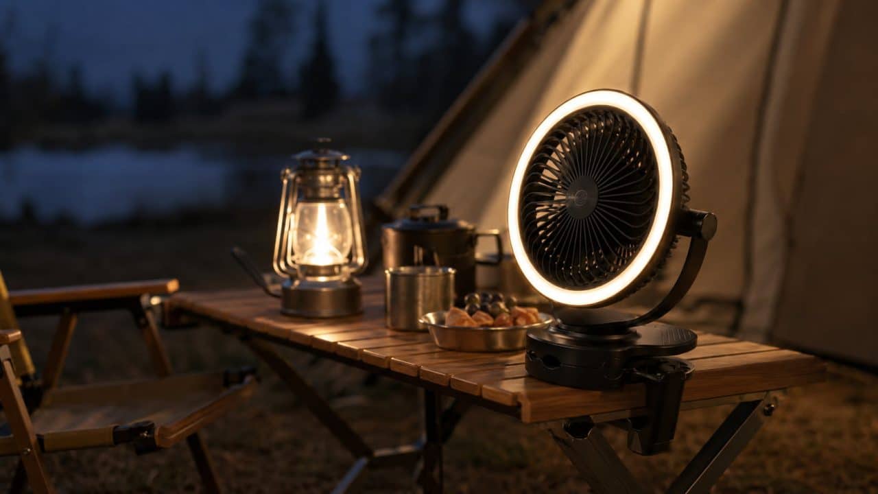 Rechargeable Clip On Fan with Light for Camping