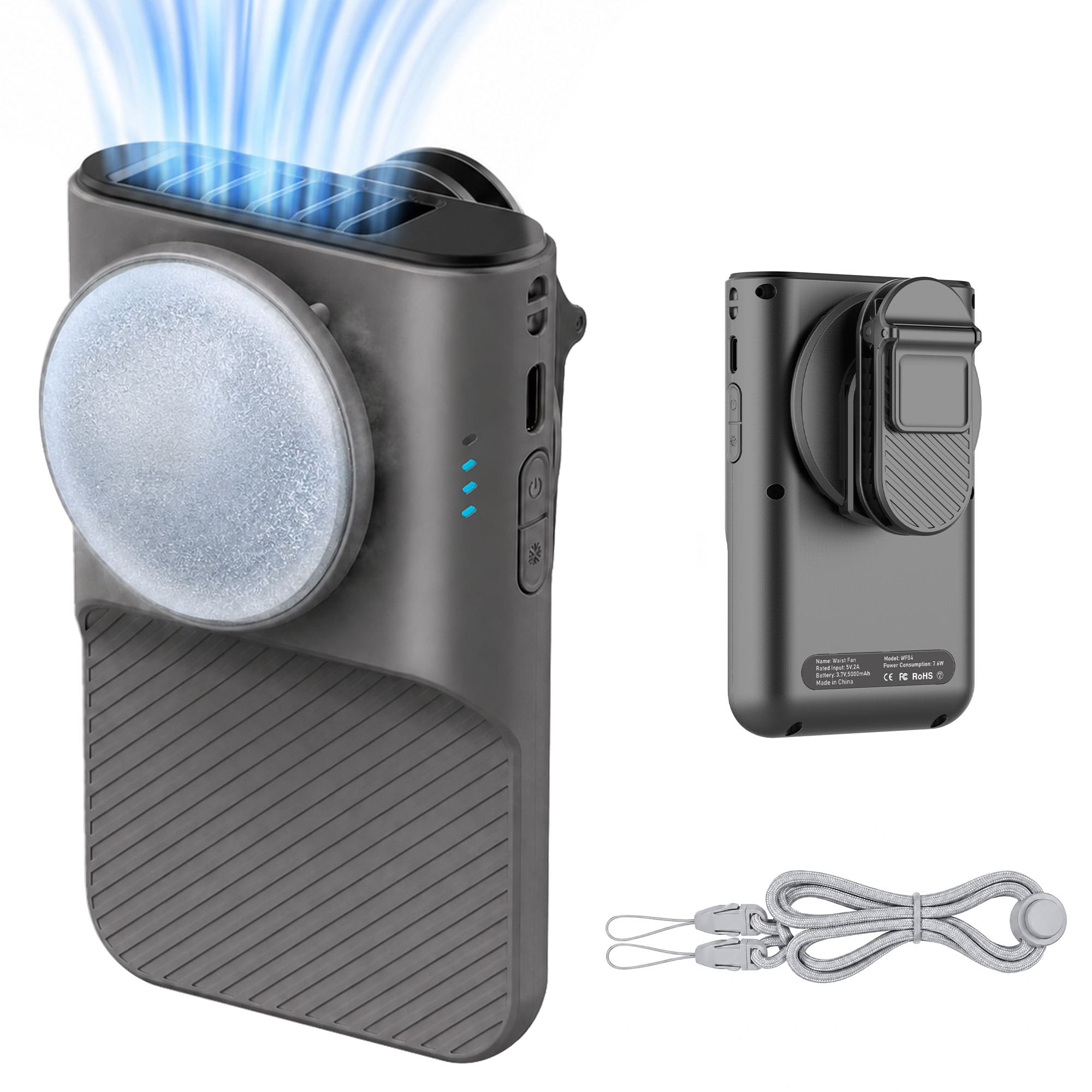 Waist Fan with Ice Plate Cooling and 360° Rotating Clip