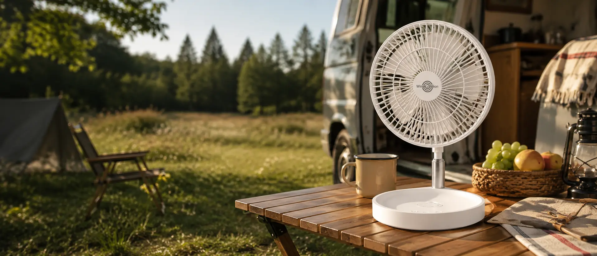 WindBillion H6 collapsible fan fully visible on a campsite table beside a camper van
