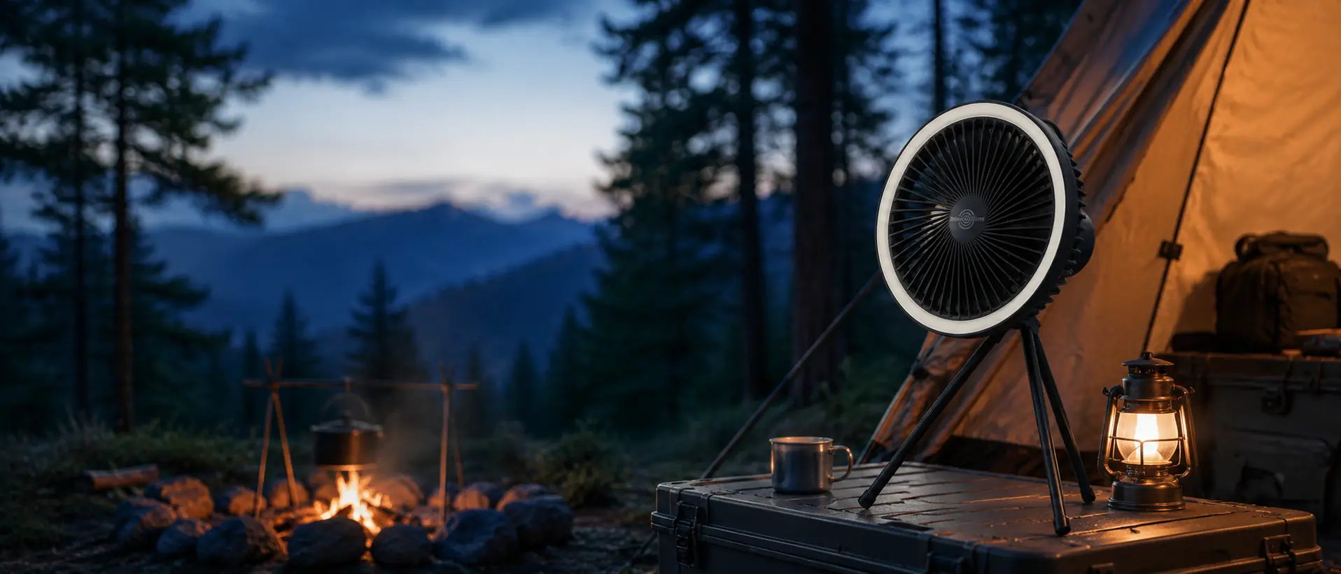 WindBillion H12 camping fan fully visible beside a mountain tent at night