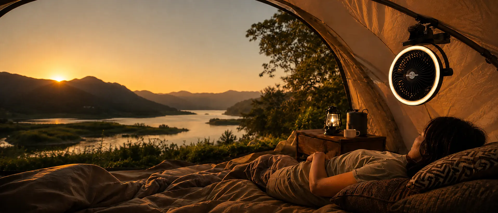 WindBillion H9 clip-on fan hanging inside a lakeside tent at sunset