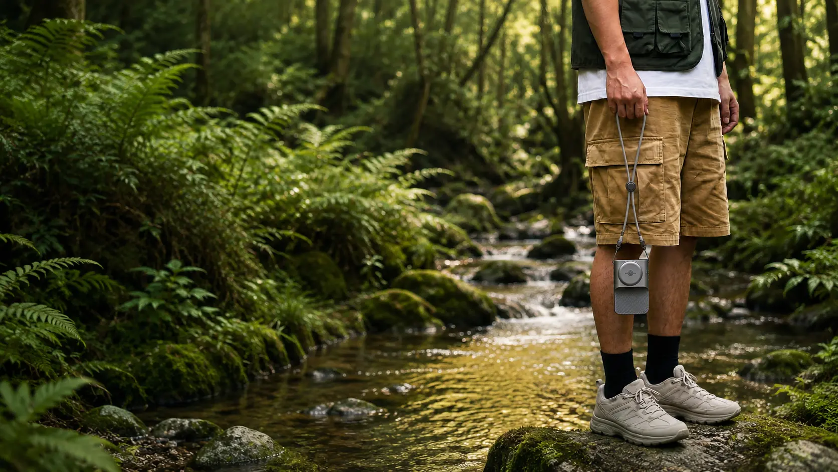 WindBillion WF04 wearable waist fan fully visible during a forest hike