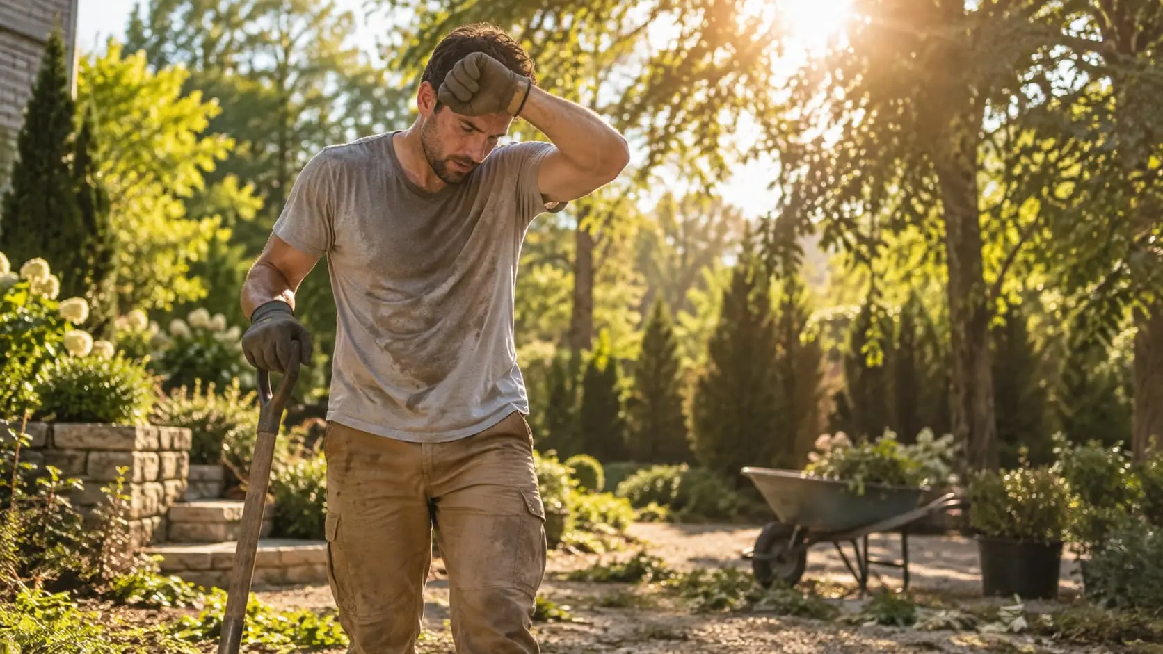 Strong summer sunlight shining through trees at an outdoor worksite